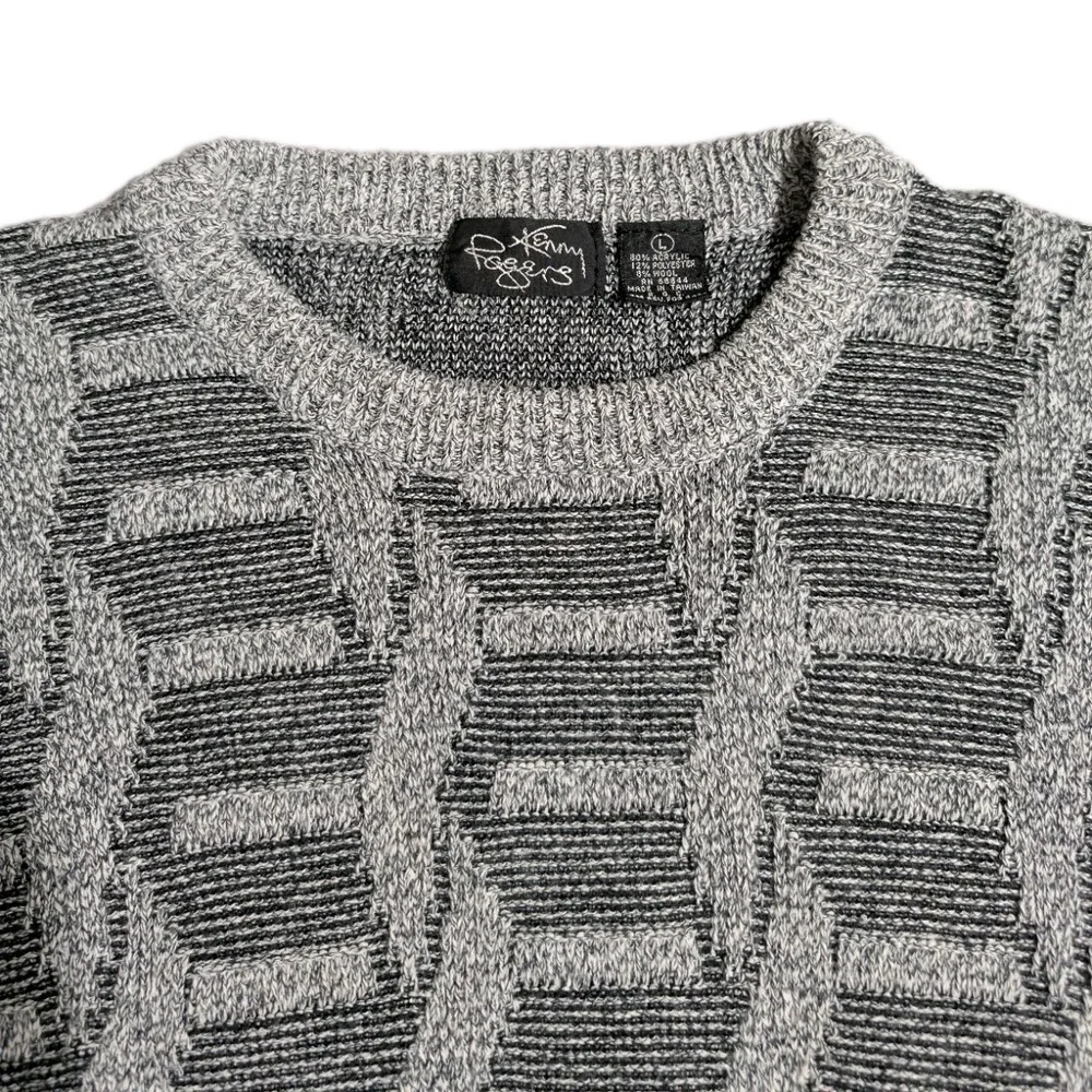 Kenny Rogers Sweater Mens L Gray Cable Knit Geometric Crewneck Pullover Textured